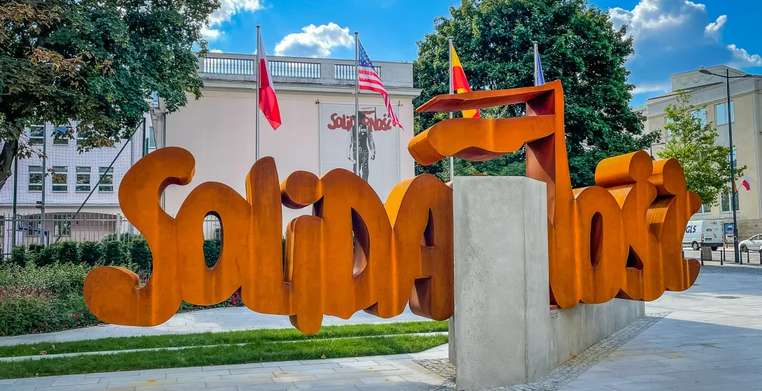 Rust-colored "Solidarnosc" sculpture in Warsaw, Poland.