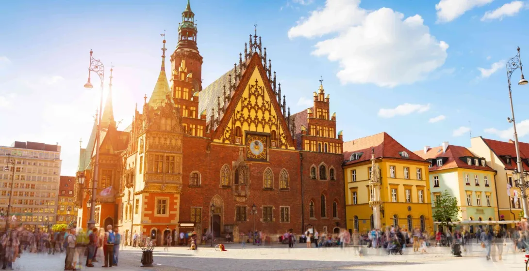 Bustling Wrocław Old Town Hall square.