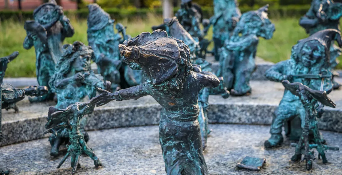 Close-up of the whimsical Wrocław Dwarves sculptures.