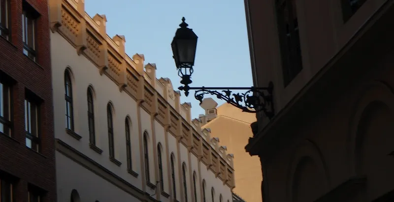 Art Nouveau building facade in Budapest with a decorative street lamp. Light from the side, clear sky.