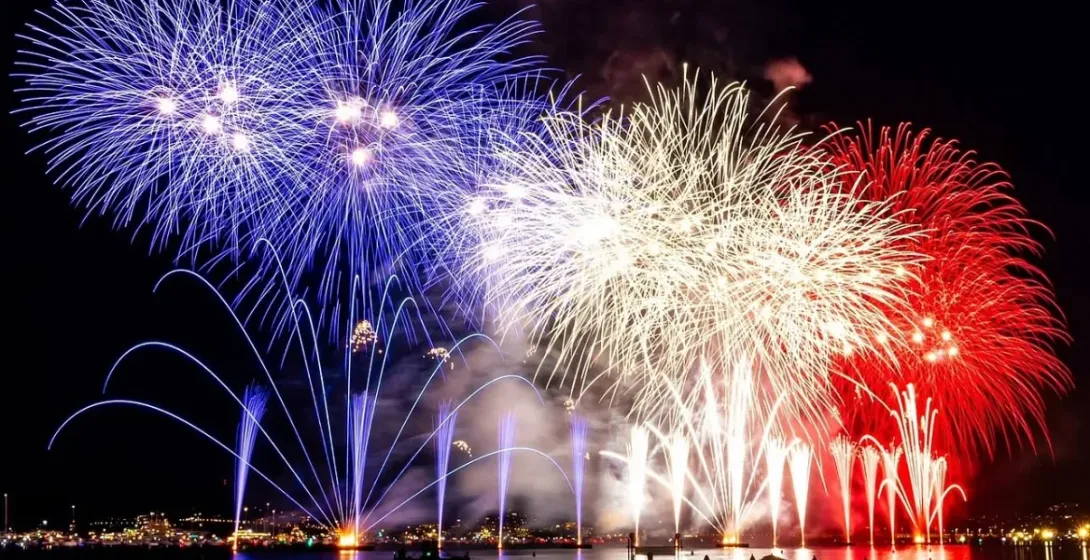 Fireworks display over water.