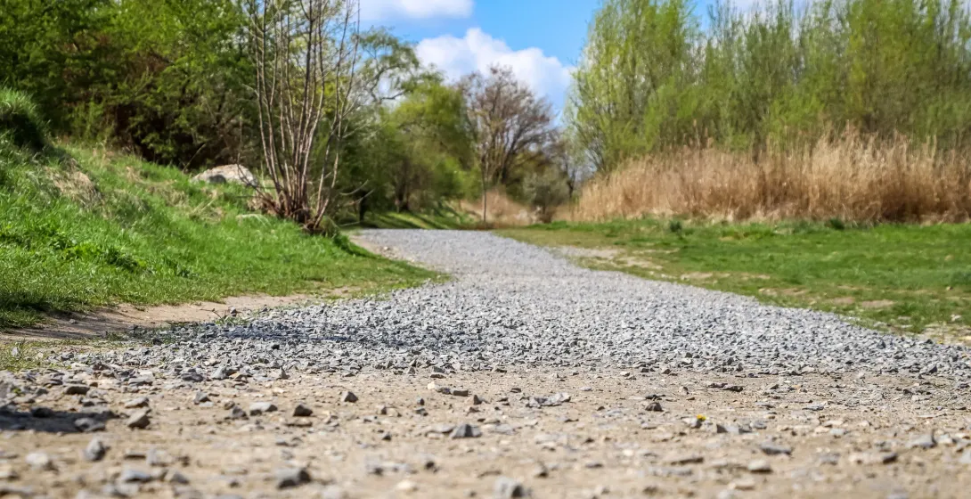 Gravel path winding through green grass and trees under a blue sky, indicating the memorial grounds of KL Plaszow.