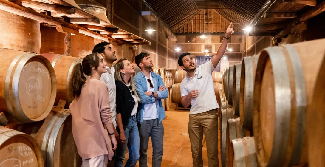 A tour guide explains something to a group of visitors in a wine cellar surrounded by large wooden barrels.