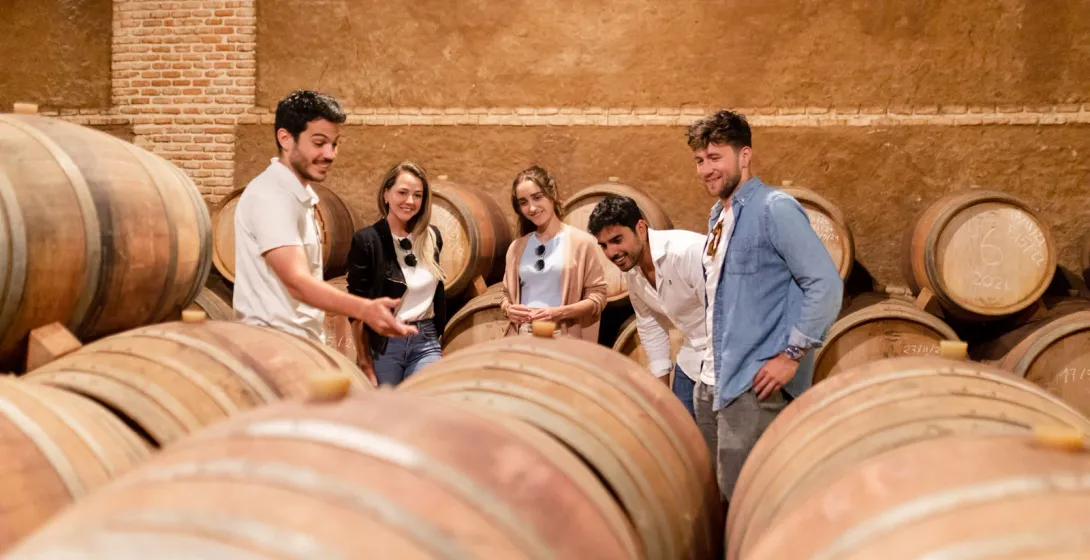 A group of tourists in a wine cellar, surrounded by dozens of wooden barrels stacked against the walls.