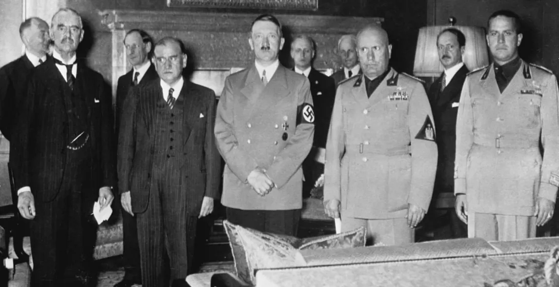 Chamberlain, Daladier, Hitler, Mussolini, and Ciano at the Munich Agreement conference in 1938.