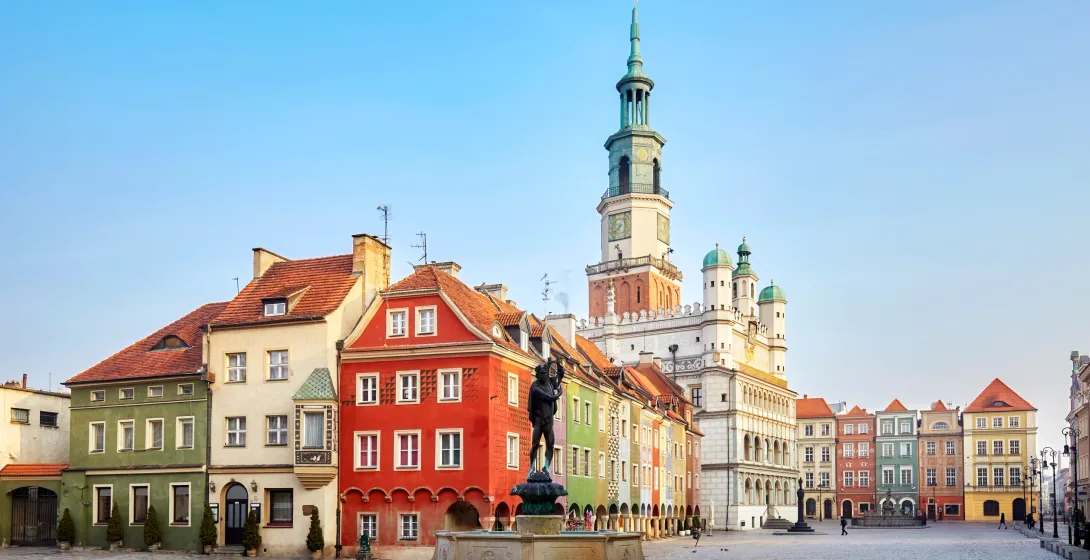 Cobblestone market square with a fountain and Apollo statue, colorful historic buildings, and a large town hall tower unde...