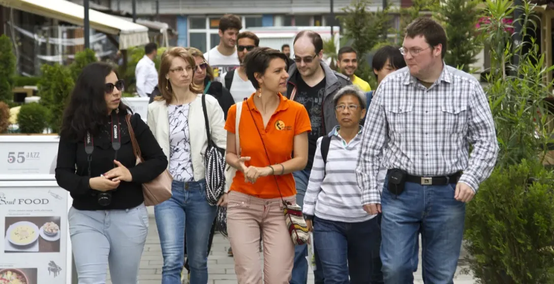 A group of tourists on a city walking tour.