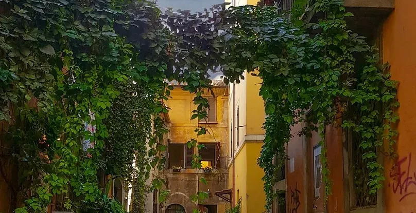 Charming alleyway in Rome with lush greenery.