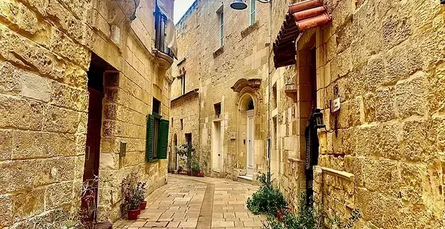 Narrow stone street in Valletta's Vittoriosa, lined with historic buildings, green shutters, and potted plants.