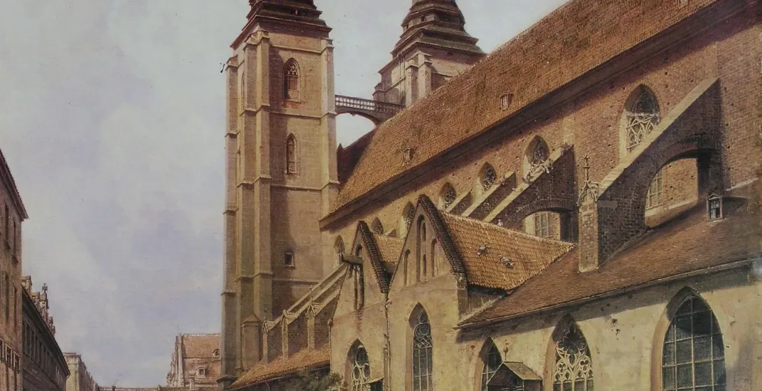 Historical painting of St. Mary Magdalene Collegiate Church in Wroclaw, with its two towers, a connecting bridge, and a st...
