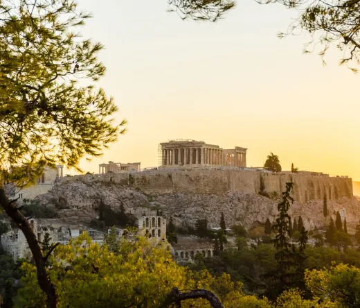 Sunset view of the Acropolis in Athens, Greece.