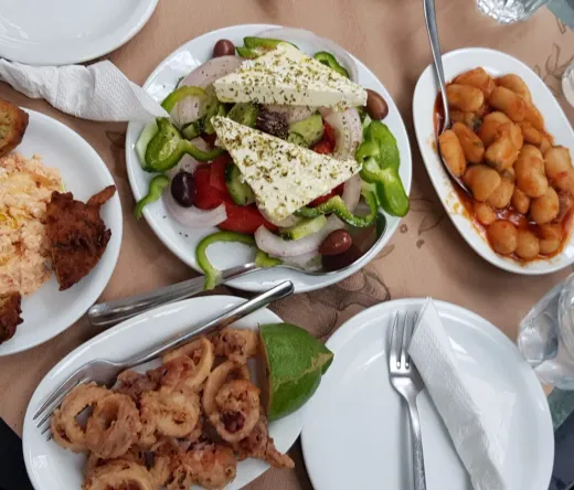 Delicious Greek food on a table in Athens.