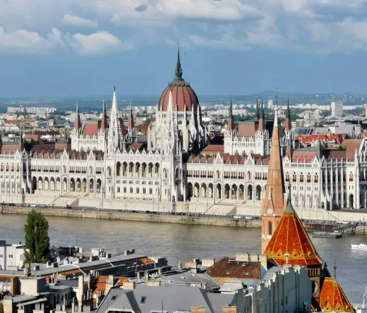 Panoramic view of the Hungarian Parliament Building in Budapest.