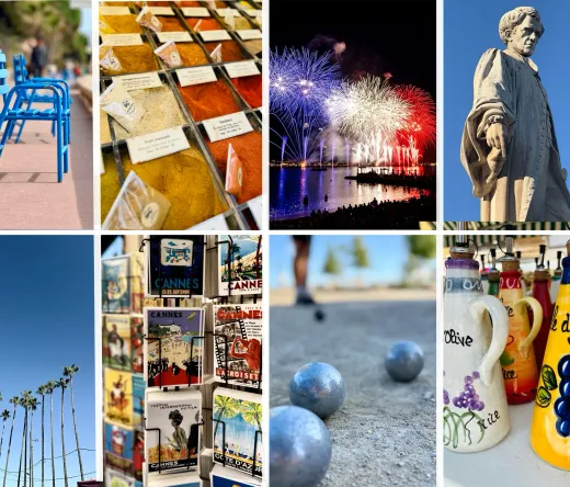 Collage showcasing Cannes: blue chairs, spices, fireworks, a statue, postcards, and pétanque.