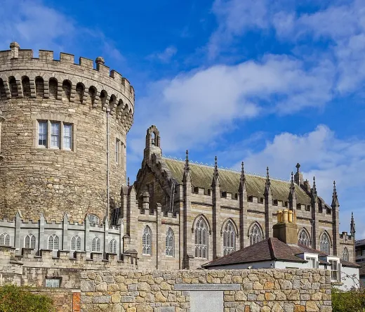 Dublin Castle's Round Tower and Chapel Royal on a sunny day.
