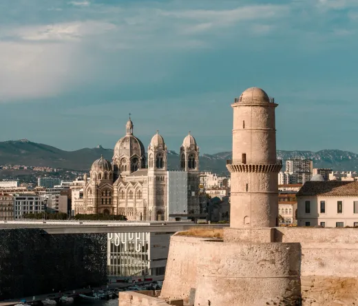 Marseille's stunning waterfront, featuring Saint-Jean Castle and the Cathedral.