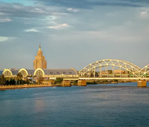 Riga skyline: Academy of Sciences, Central Market, and Railway Bridge.