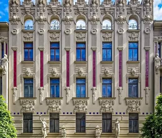 Intricate facade of a Riga Art Nouveau building.