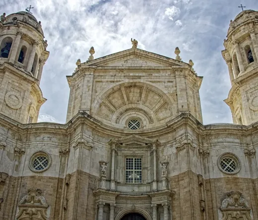 The impressive facade of Cádiz Cathedral in Spain.