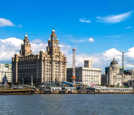Stunning view of Liverpool's Royal Liver Building and waterfront.