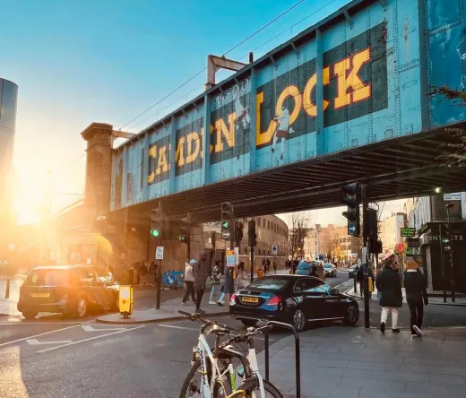 Sunset view of Camden Lock in London, England.