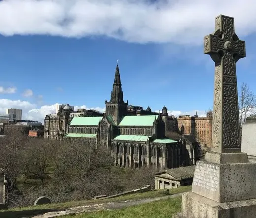 Glasgow Cathedral and Necropolis view with Celtic cross.