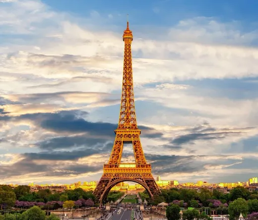 The Eiffel Tower at sunset in Paris.