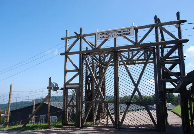 Entrance gate to the Natzweiler-Struthof concentration camp in Alsace, France.