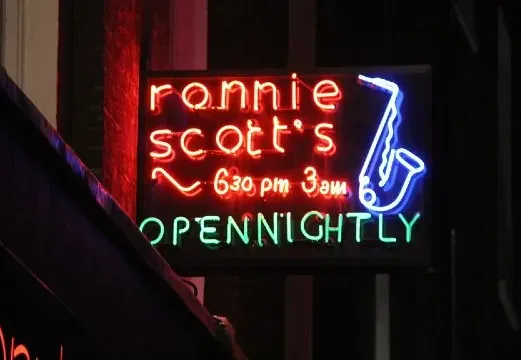 Neon sign for Ronnie Scott's Jazz Club in London.