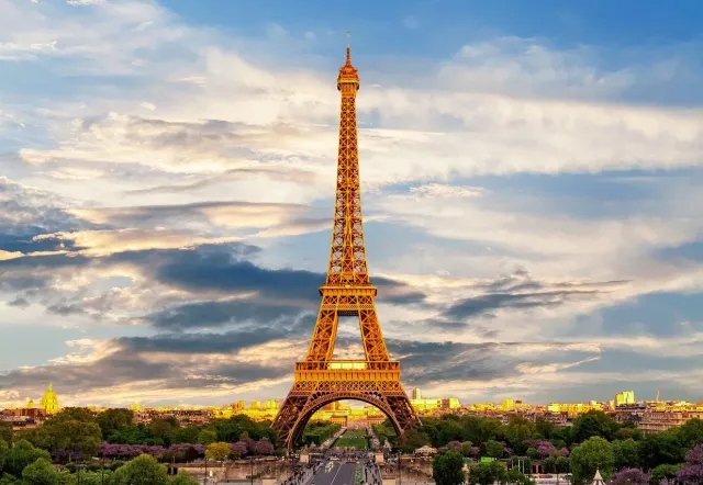 The Eiffel Tower at sunset in Paris.