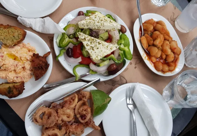 Delicious Greek food on a table in Athens.