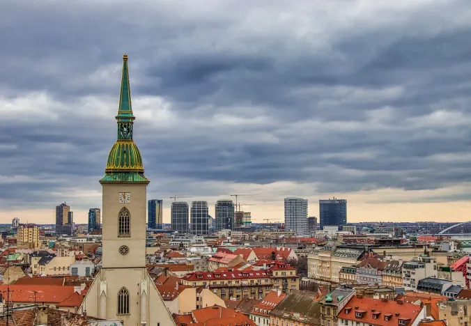 Panoramic view of Bratislava, Slovakia, featuring St. Martin's Cathedral.
