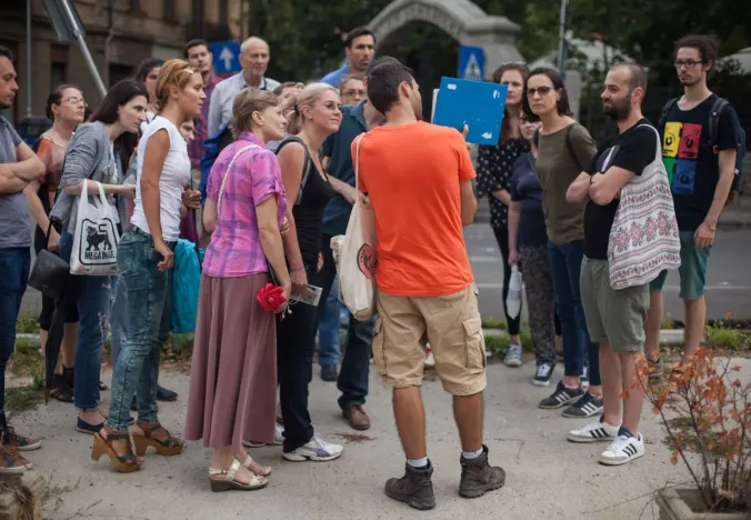 A guided walking tour in Bucharest, Romania.