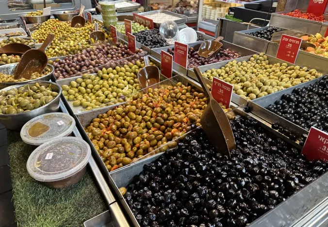 Assorted olives on display at the Machane Yehuda Market in Jerusalem.