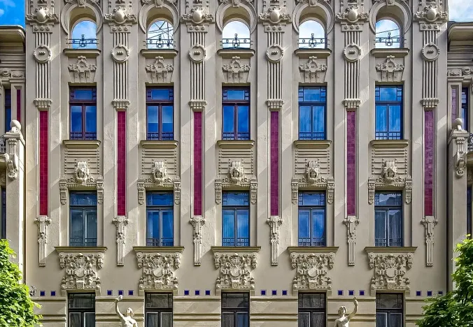 Intricate facade of a Riga Art Nouveau building.