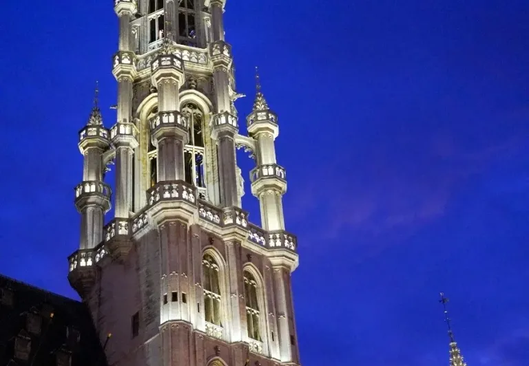 Brussels Town Hall at night, illuminated against the dark sky.