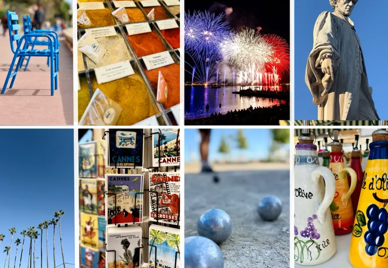 Collage showcasing Cannes: blue chairs, spices, fireworks, a statue, postcards, and pétanque.