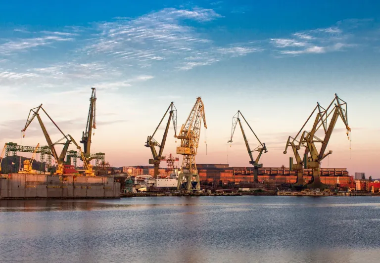 Sunset over the Gdańsk shipyard, Poland.