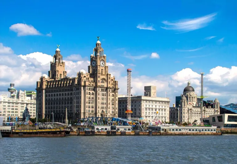 Stunning view of Liverpool's Royal Liver Building and waterfront.