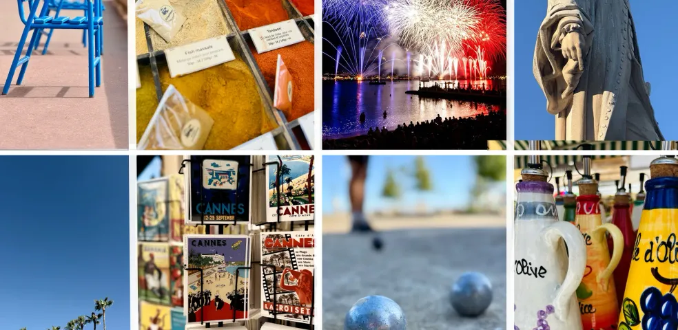 Collage showcasing Cannes: blue chairs, spices, fireworks, a statue, postcards, and pétanque.