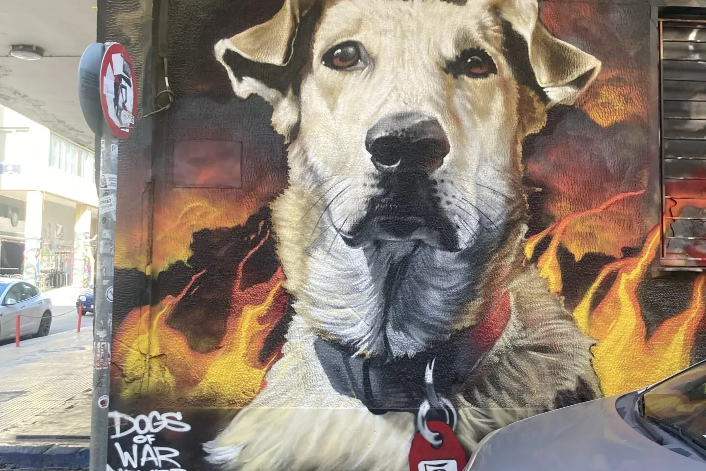 Large street art mural of a light-furred dog with a golden crown and flames in the background, on an Athens street.