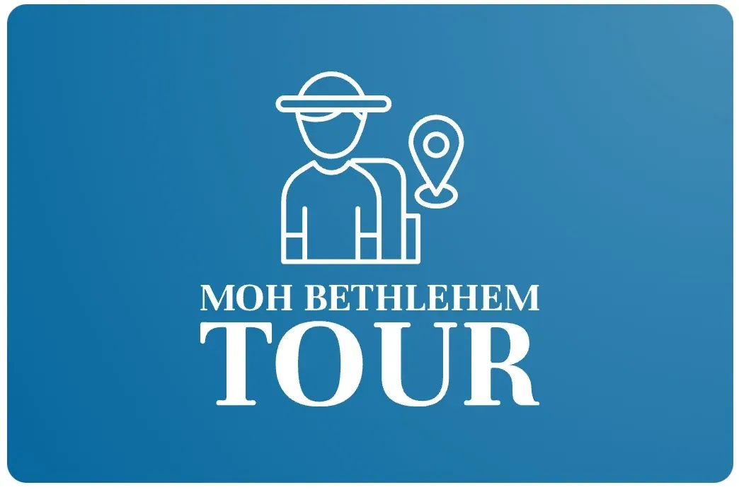 Blue background with a white outline icon of a person wearing a hat and backpack, next to a location pin, with text 'MOH B...
