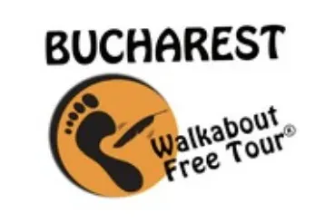 Bucharest Walkabout Free Tour logo with a black footprint and a feather pen on an orange circle.