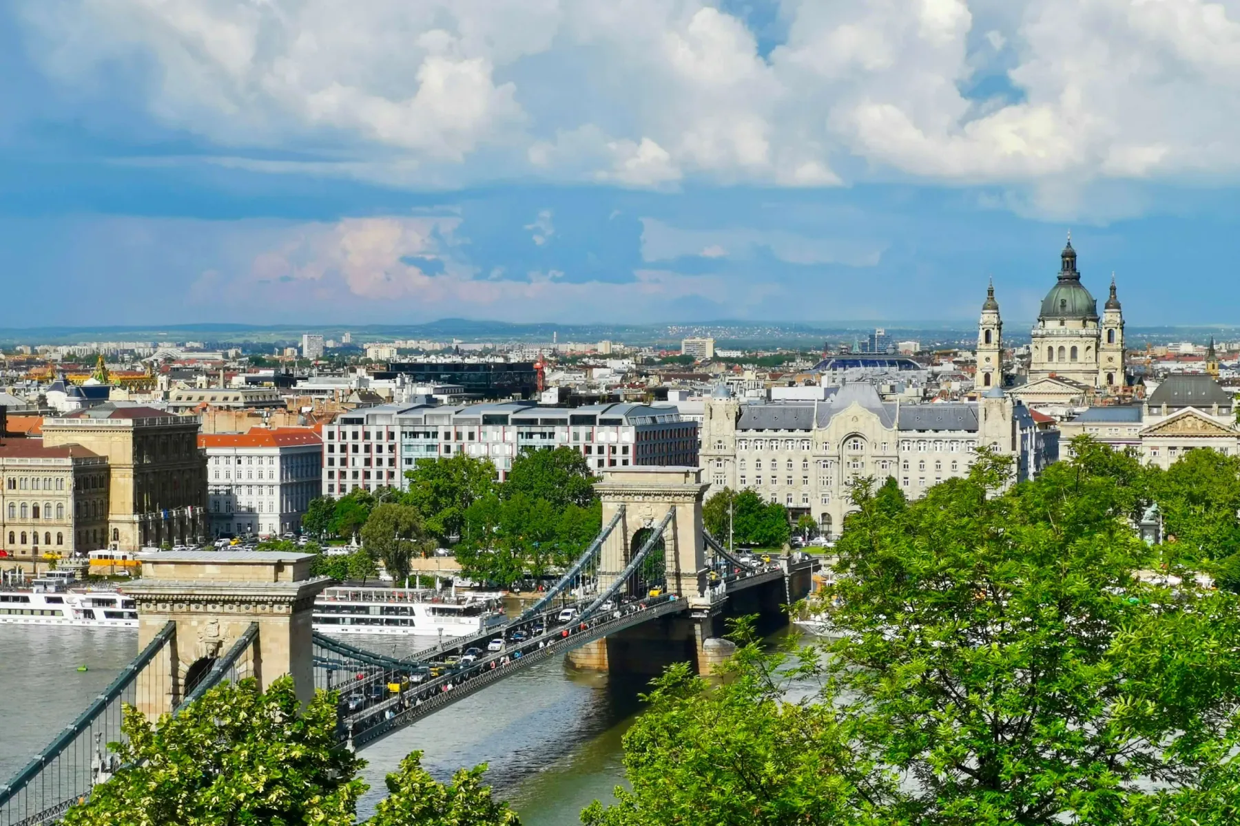 View of Budapest with Chain Bridge, Danube River, and St. Stephen's Basilica under a cloudy sky. Trees in foreground.