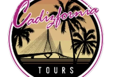 Circular logo with 'Cadizfornia Tours' text, featuring a sunset background, palm tree silhouettes, and a cable-stayed bridge.