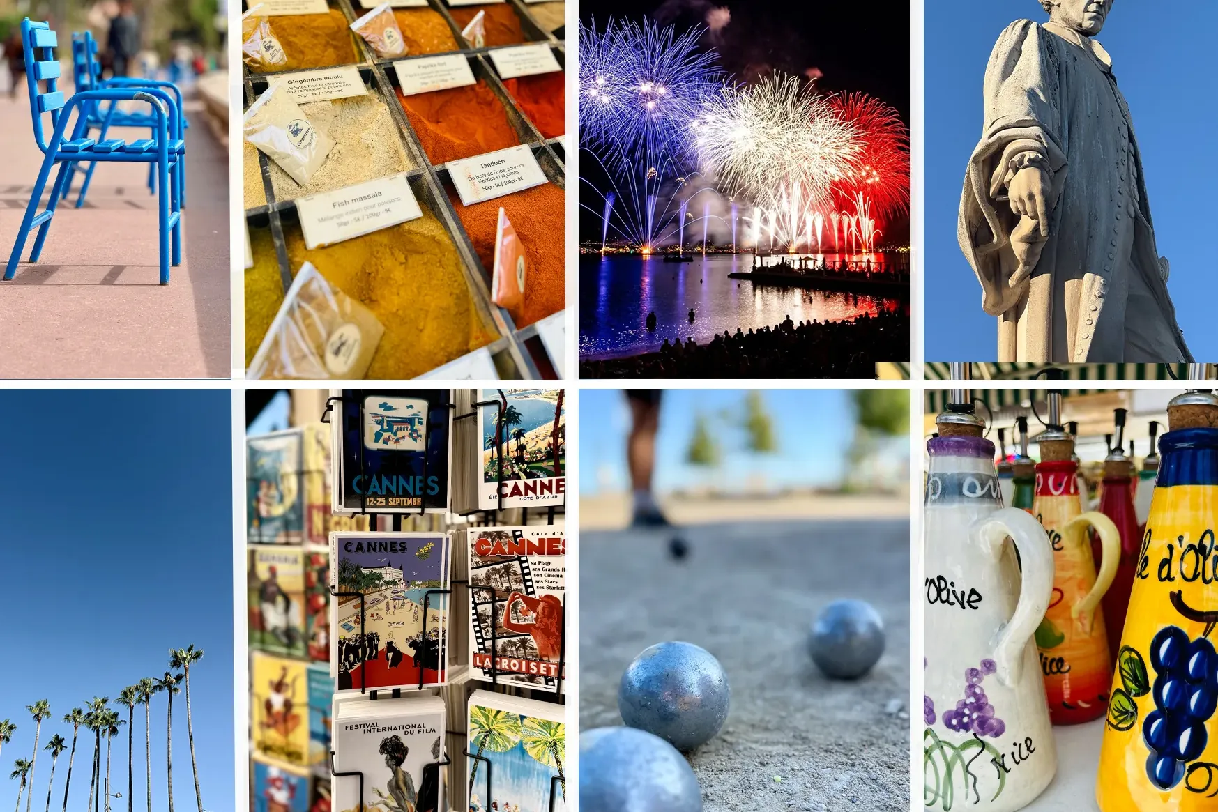 Collage of Cannes scenes: blue chairs, spices, fireworks, statue, palm trees, postcards, pétanque, and olive oil bottles.
