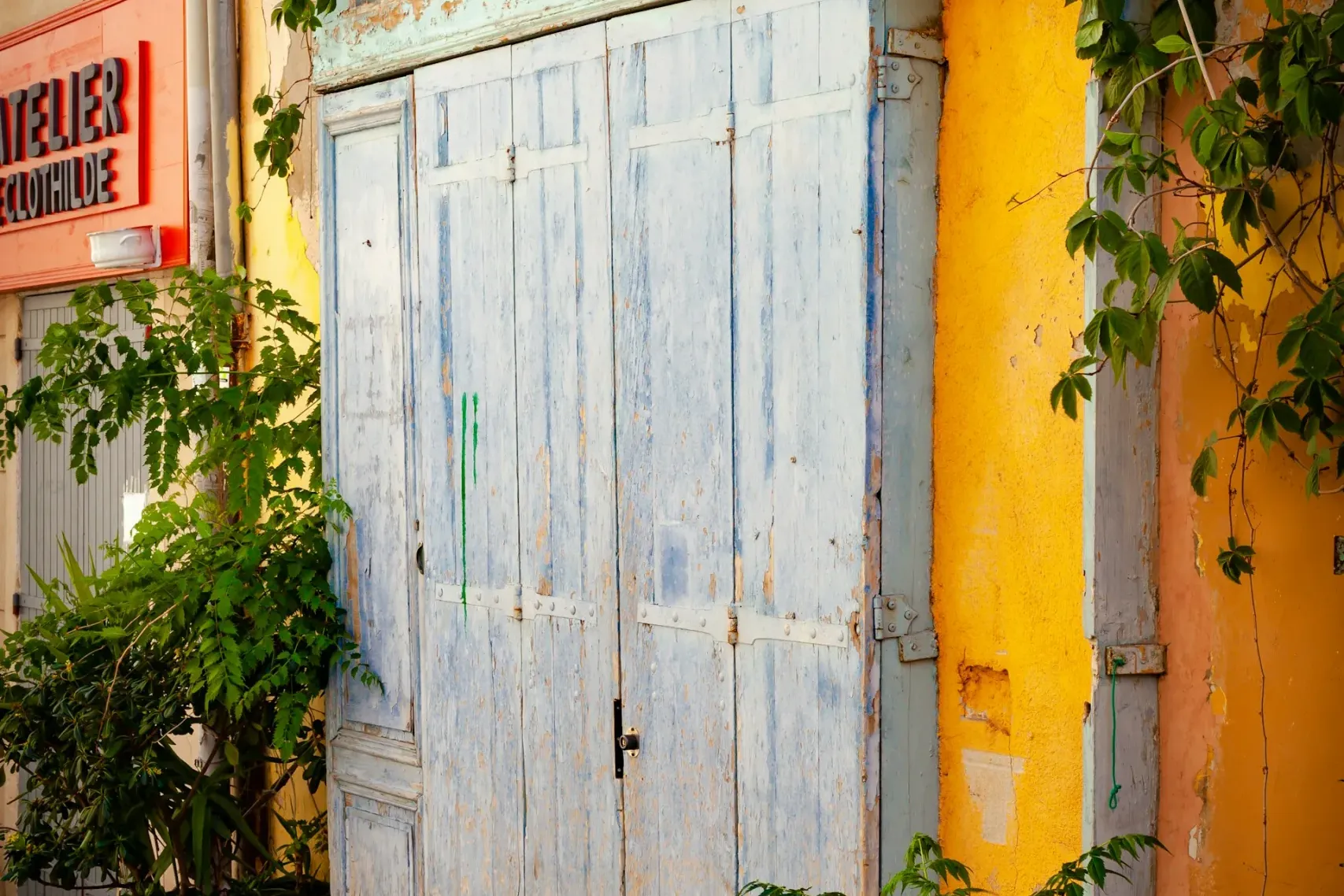 Distressed light blue wooden doors of a shop with 'Bazar du Panier' sign, flanked by yellow walls and green vines.
