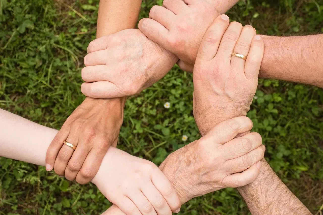 Four people's arms and hands interlocked, forming a circular chain, over a green grassy background with small white flowers.