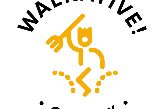 Stylized pixelated Walkative logo featuring an orange figure holding a staff with arced black text 'WALKATIVE' above and '...