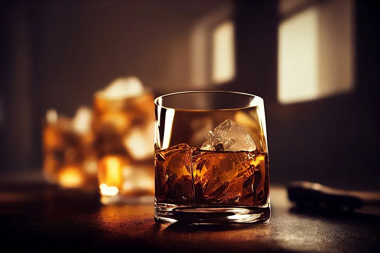 A close-up of a glass of amber liquid with ice cubes on a dark surface, with blurred glasses in the background.
